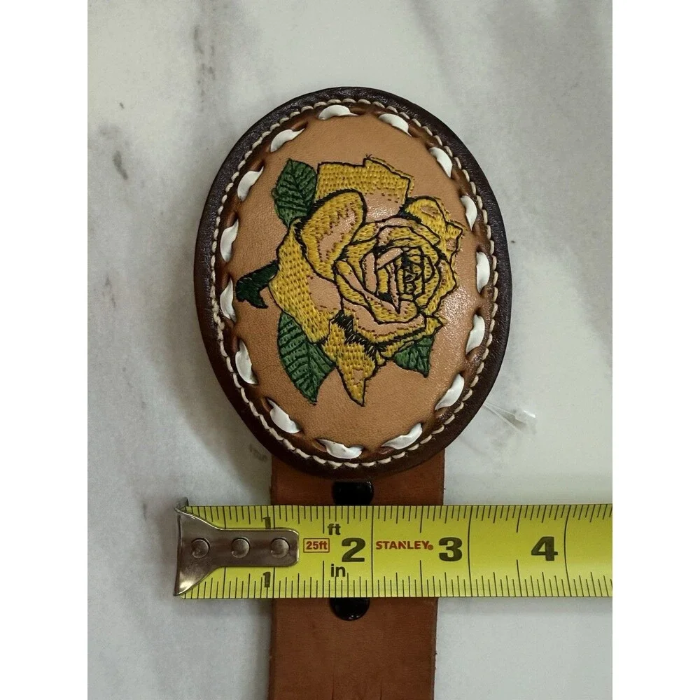 Vintage Hand Tooled Leather Belt Rose Oval Buckle Braided Western Boho Size 36